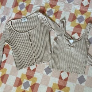 Ribbed Beige Cardigan and Tank Set